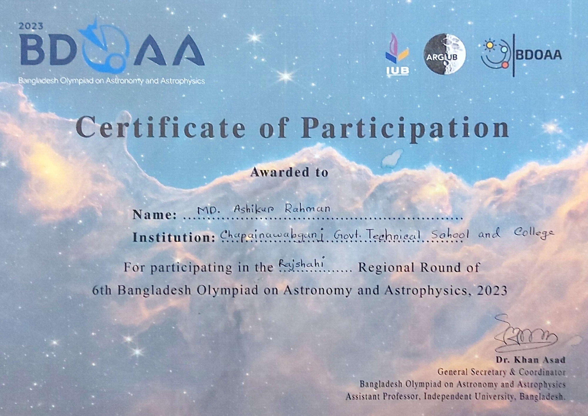 Certificates of Md. Ashikur Rahman (Ayon) from Bangladesh Olympiad on Astronomy and Astrophysics (BDOAA)